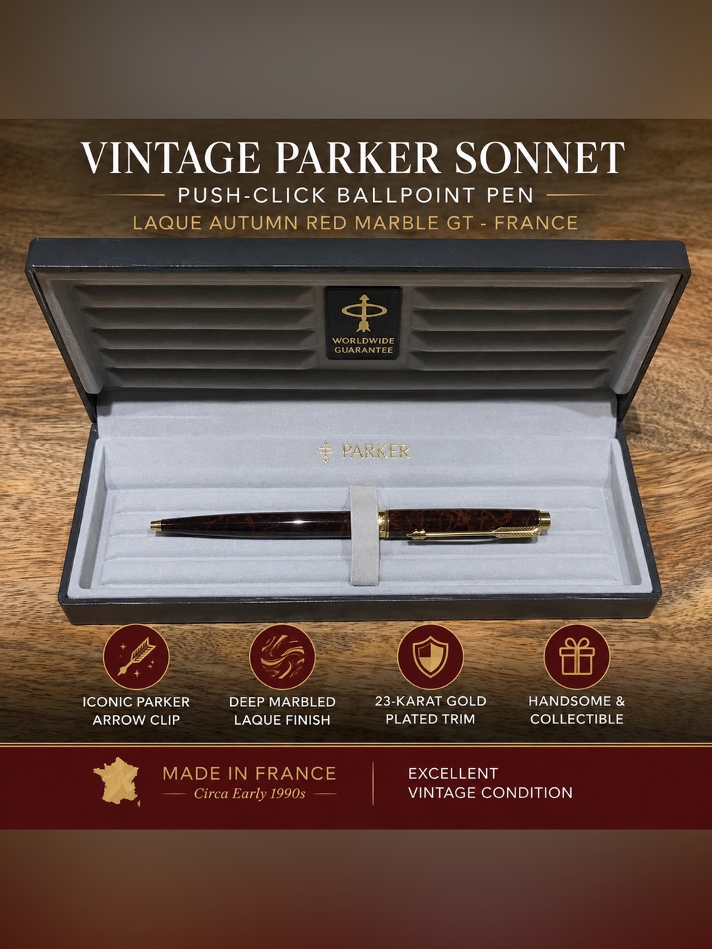 Vintage Parker Sonnet Push-Click Ballpoint - Laque Autumn Red Marble GT - France